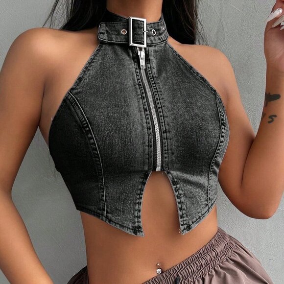 Black Sexy Women's Backless Slim-Fit Denim Top With Halter Neck - Picture 2 of 6